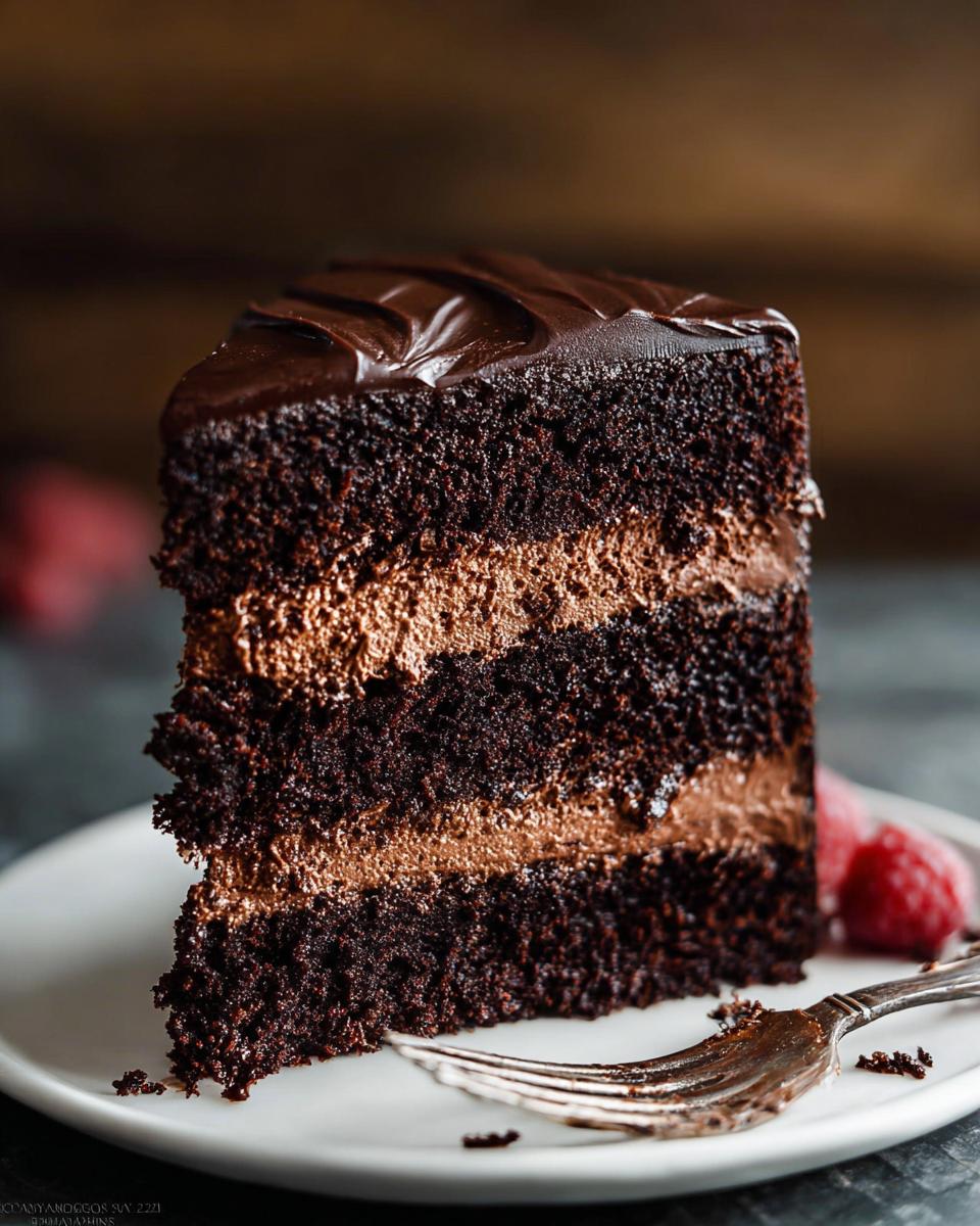 A decadent slice of Chocolate Mousse Layer Cake showing dark chocolate cake layers and lighter chocolate mousse filling.