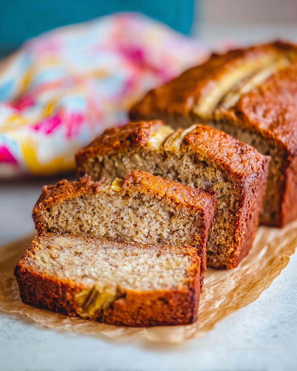 Slices of moist Banana Bread with Sour Cream showing a tender crumb, resting on brown parchment paper.