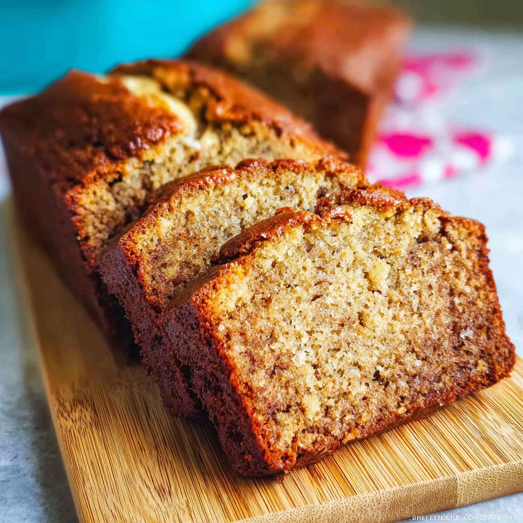 Close-up of moist, sliced Banana Bread with Sour Cream resting on a wooden cutting board.