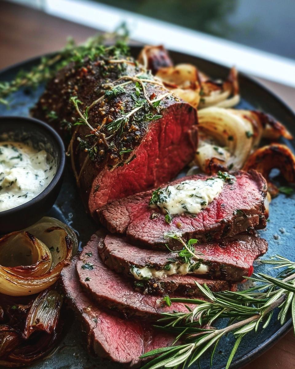 Perfectly cooked, medium-rare Beef Tenderloin Roast, sliced and topped with melting garlic herb butter.