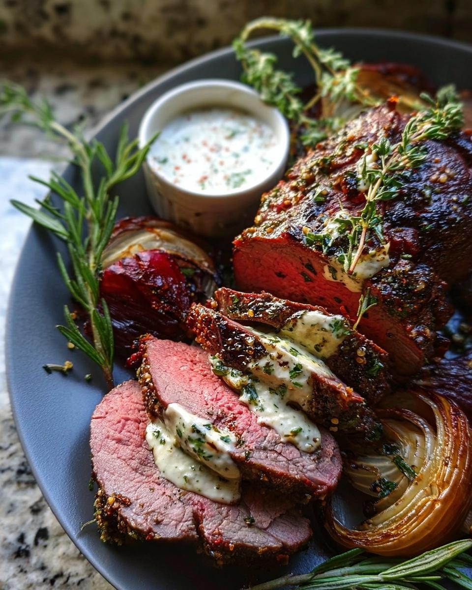 Slices of perfectly cooked Beef Tenderloin Roast with Garlic Herb Butter drizzled over the top, served with roasted onions.