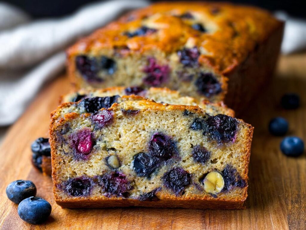 Close-up of thick slices of moist Blueberry Banana Bread studded with dark blueberries on a wooden board.
