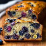 Close-up of thick slices of moist Blueberry Banana Bread studded with dark blueberries on a wooden board.