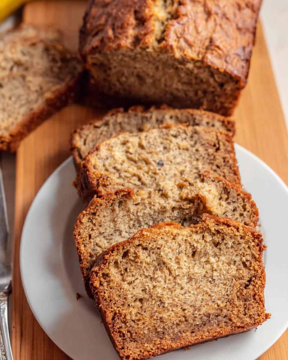 Slices of moist One Bowl Banana Bread served on a white plate next to the loaf.