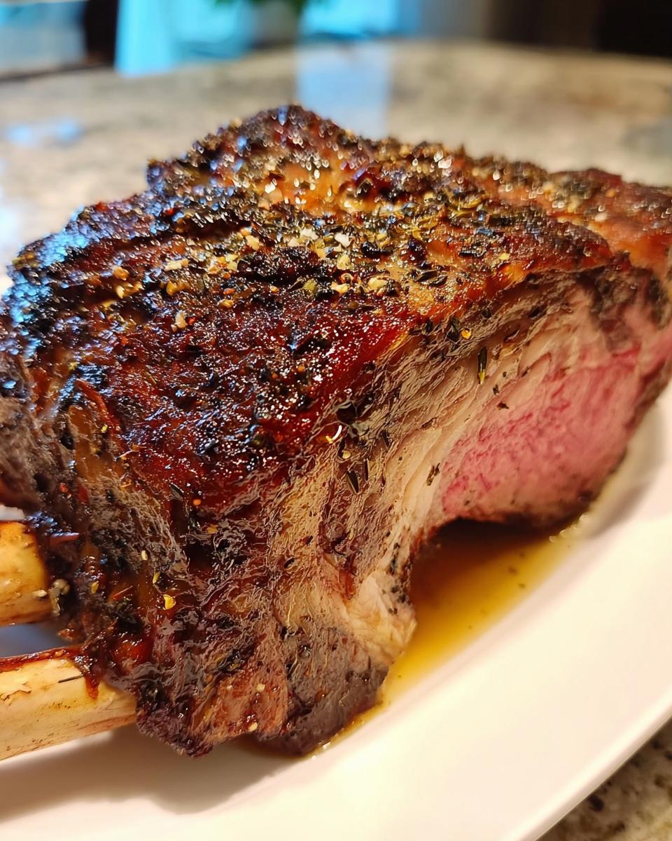 Close-up of a juicy Small Prime Rib Roast, perfectly seared with herbs and resting in its own juices.