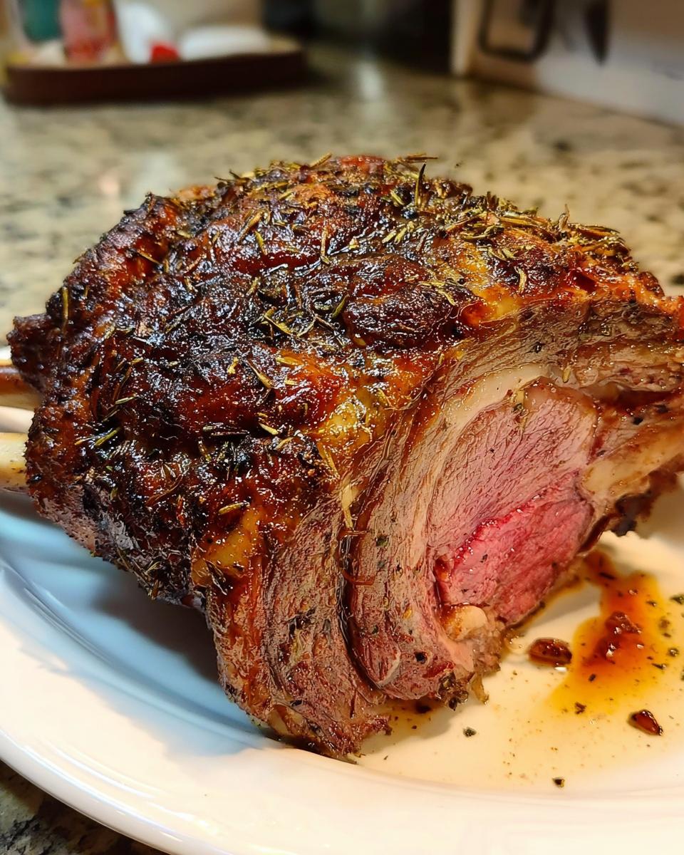 Close-up of a Small Prime Rib Roast, perfectly seared and crusted with herbs, showing a medium-rare interior.