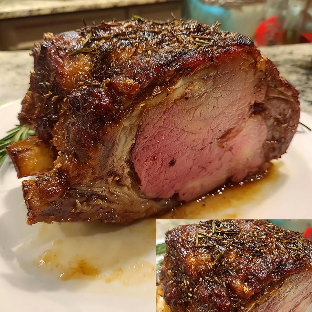 A juicy, medium-rare Small Prime Rib Roast (Serves 4–6) with a dark, herb-crusted exterior resting on a white plate with pan juices.