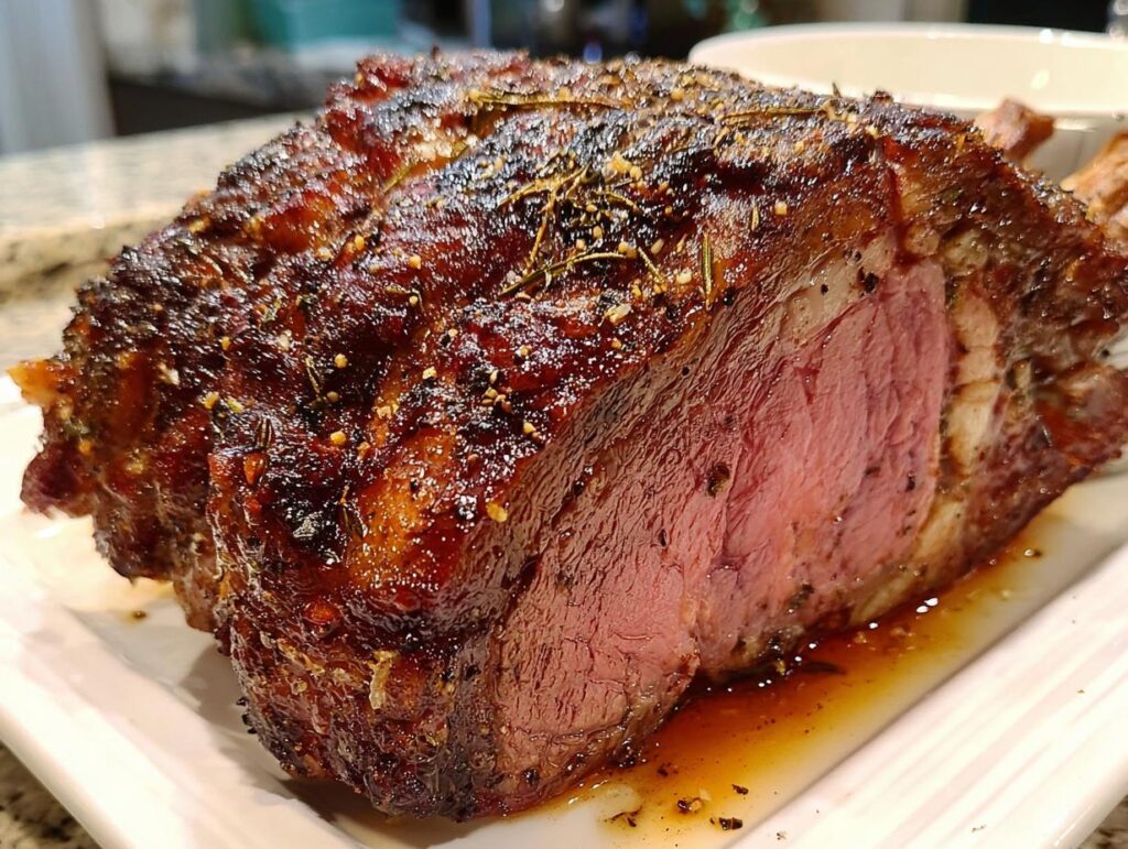 Close-up of a perfectly cooked Small Prime Rib Roast, showing a dark, herbed crust and a medium-rare pink center.