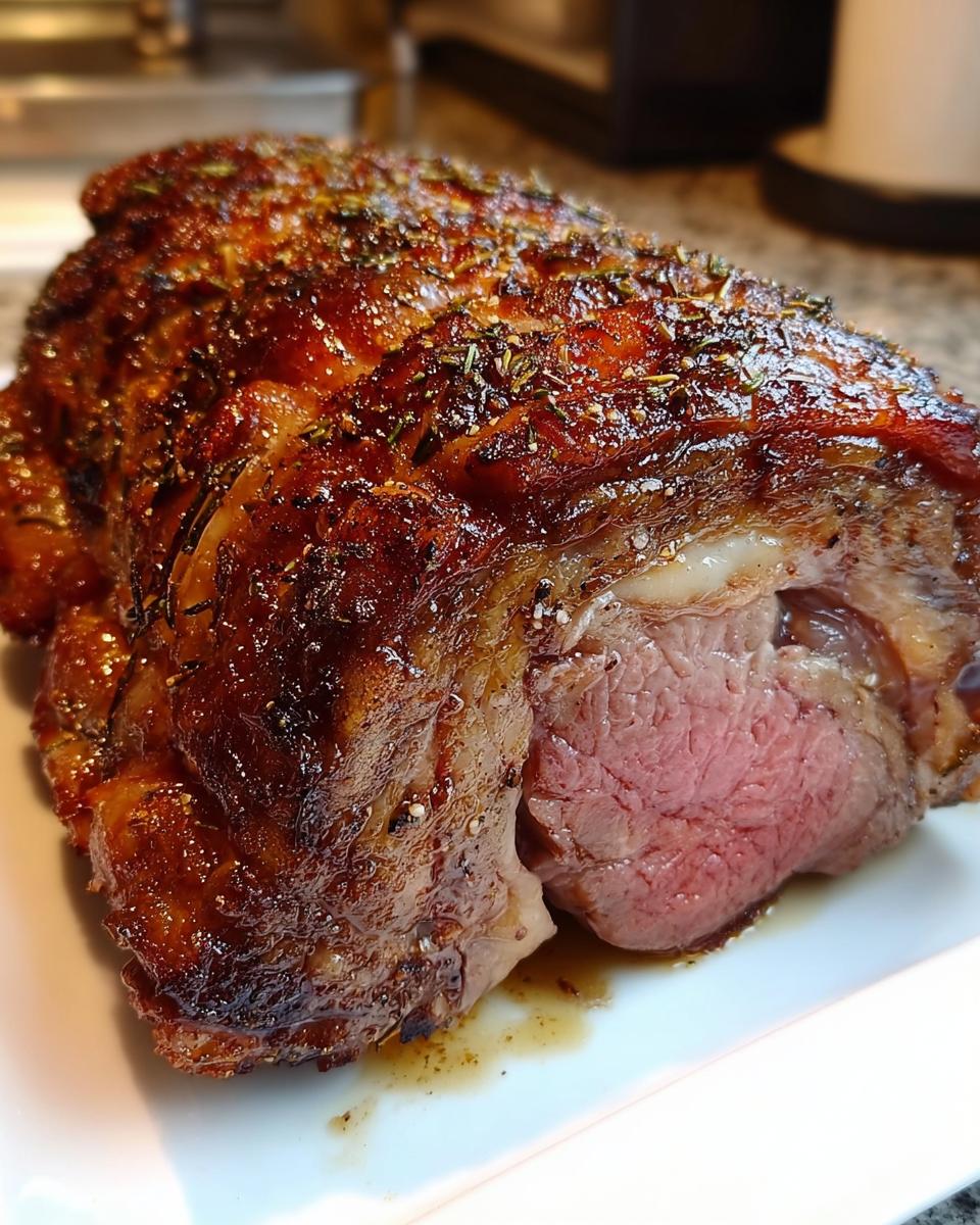 Close-up of a Small Prime Rib Roast (Serves 4–6) with a dark, herb-crusted exterior and a juicy, medium-rare pink center.