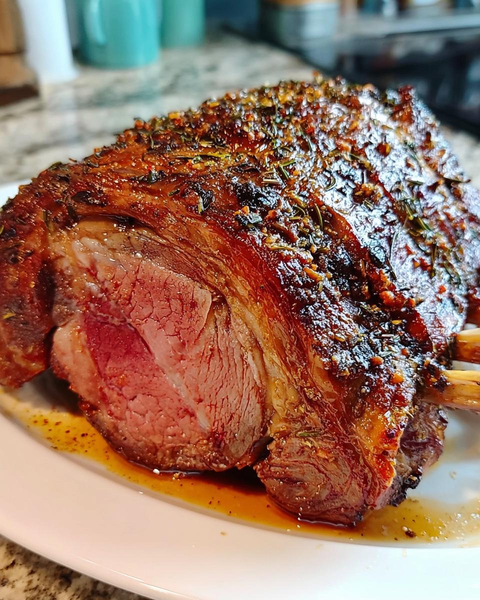 Close-up of a perfectly cooked Small Prime Rib Roast (Serves 4–6) showing a juicy, medium-rare center and herb crust.