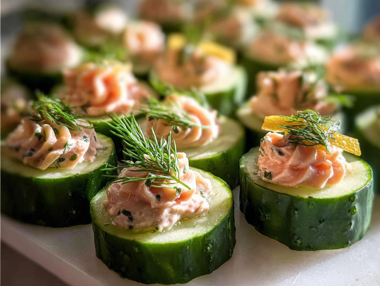 Close-up of several Smoked Salmon Cucumber Bites topped with dill and creamy salmon spread.