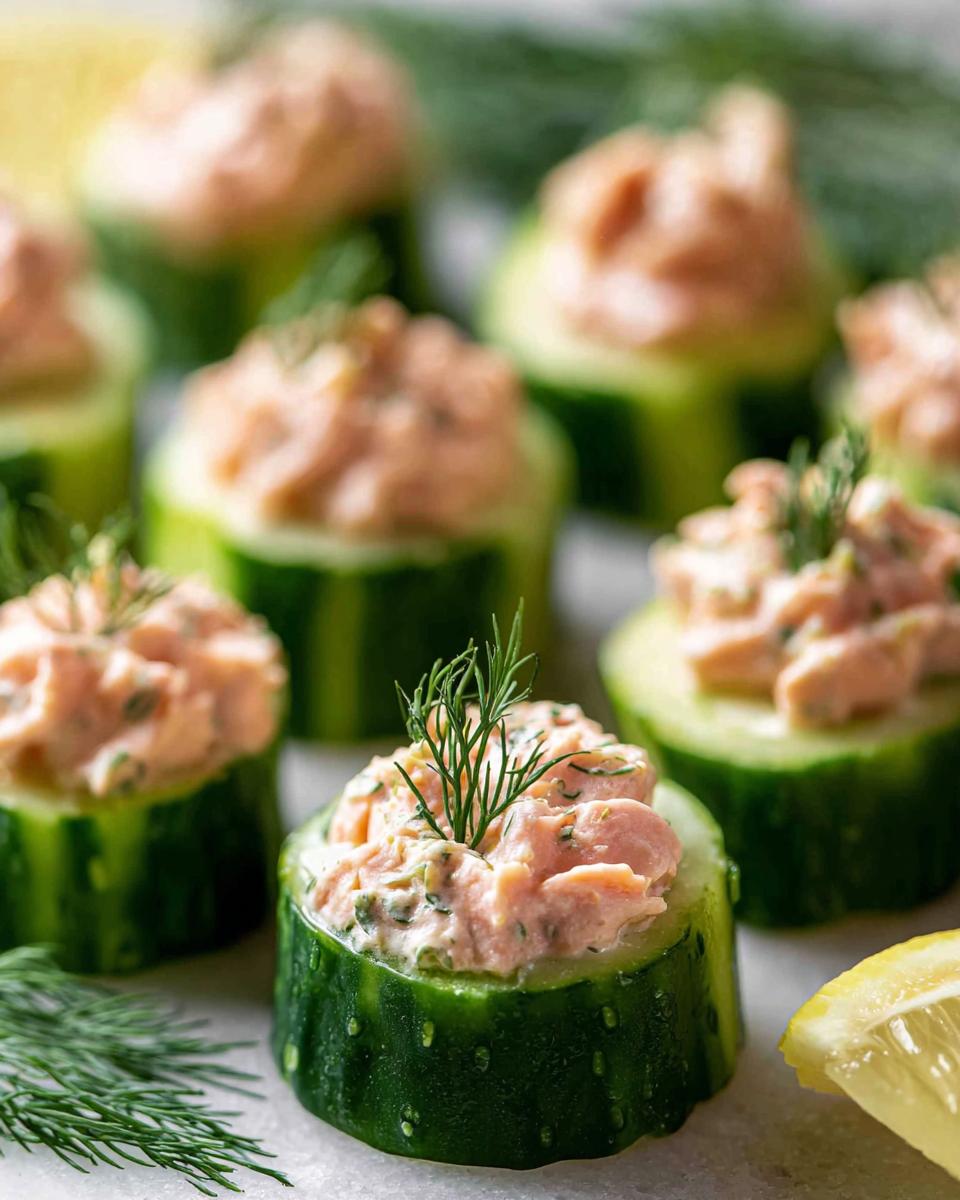 Close-up of fresh Smoked Salmon Cucumber Bites topped with dill sprigs, ready for serving.
