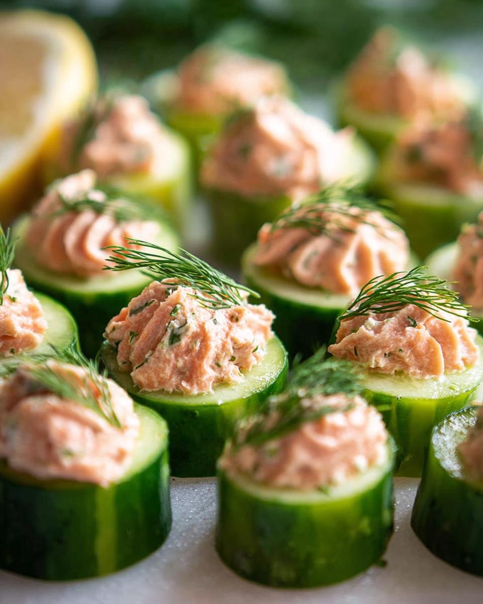A platter of fresh Smoked Salmon Cucumber Bites topped with salmon spread and fresh dill sprigs.