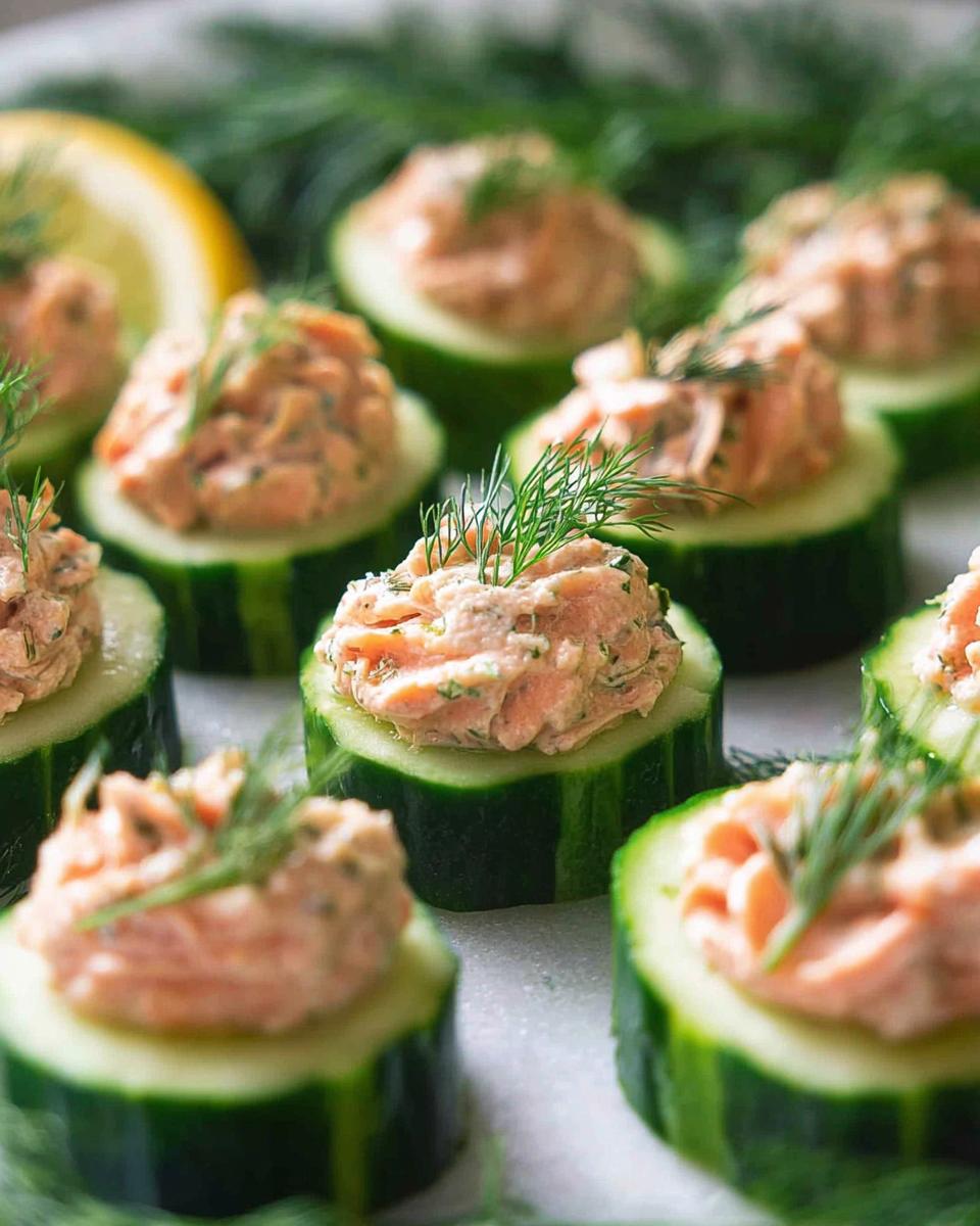 Close-up of several Smoked Salmon Cucumber Bites topped with creamy salmon salad and fresh dill sprigs.