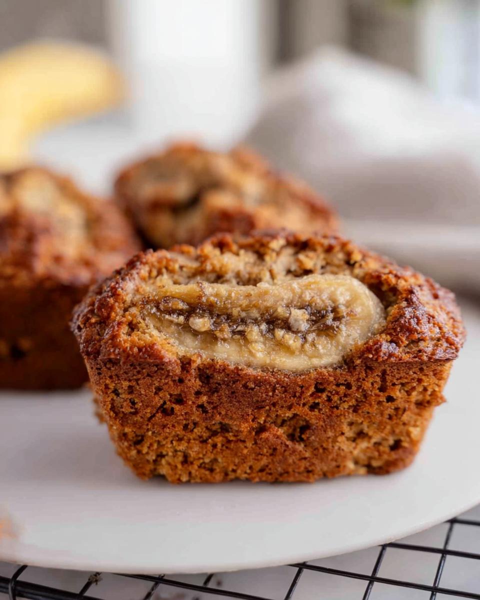 A close-up of one perfectly baked Banana Bread Minis, topped with a caramelized banana slice.