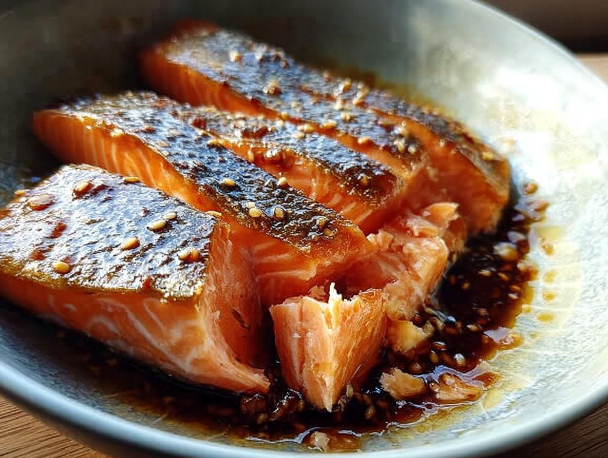 Close-up of three moist pieces of Soy Ginger Salmon glazed with sauce and topped with sesame seeds.