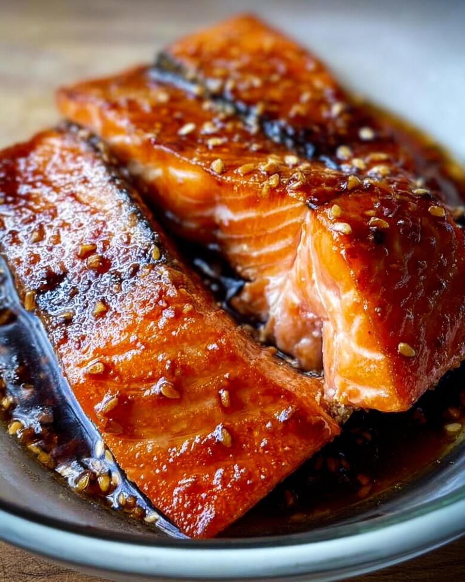 Close-up of two moist Soy Ginger Salmon fillets covered in a dark, glossy glaze and sprinkled with sesame seeds.