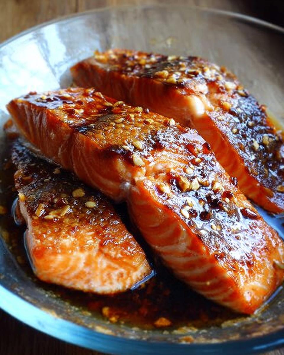 Three moist fillets of Soy Ginger Salmon glazed with a dark sauce and topped with minced nuts or seeds.