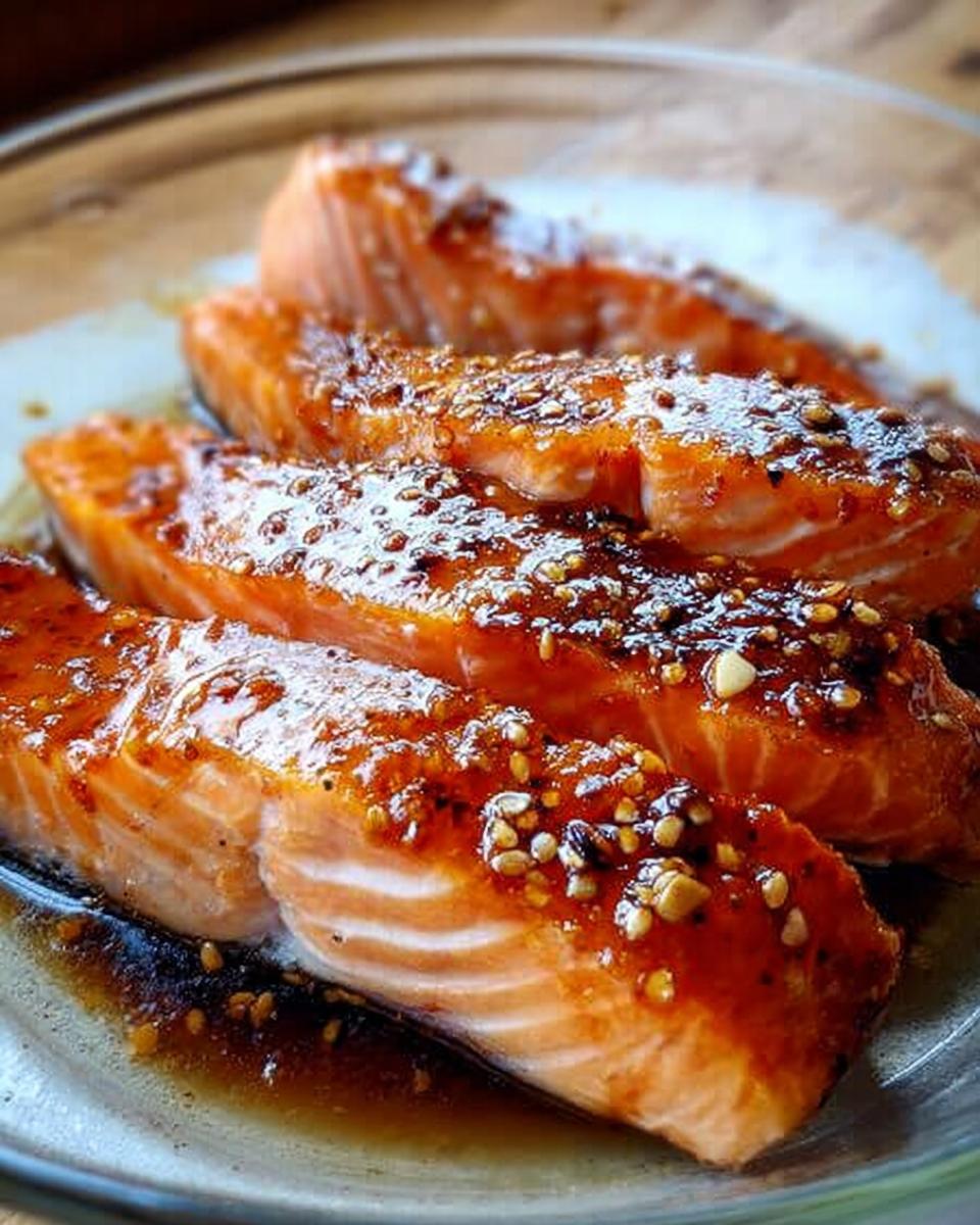 Close-up of three cooked salmon fillets covered in a thick, glossy soy ginger glaze with sesame seeds.