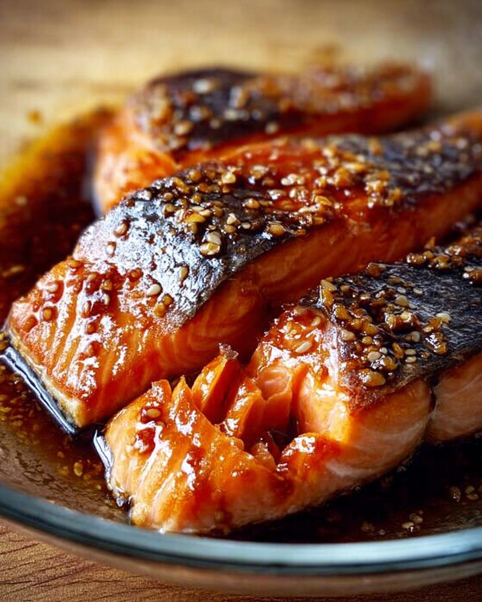Close-up of flaky, glazed Soy Ginger Salmon fillets topped with toasted sesame seeds, resting in sauce.