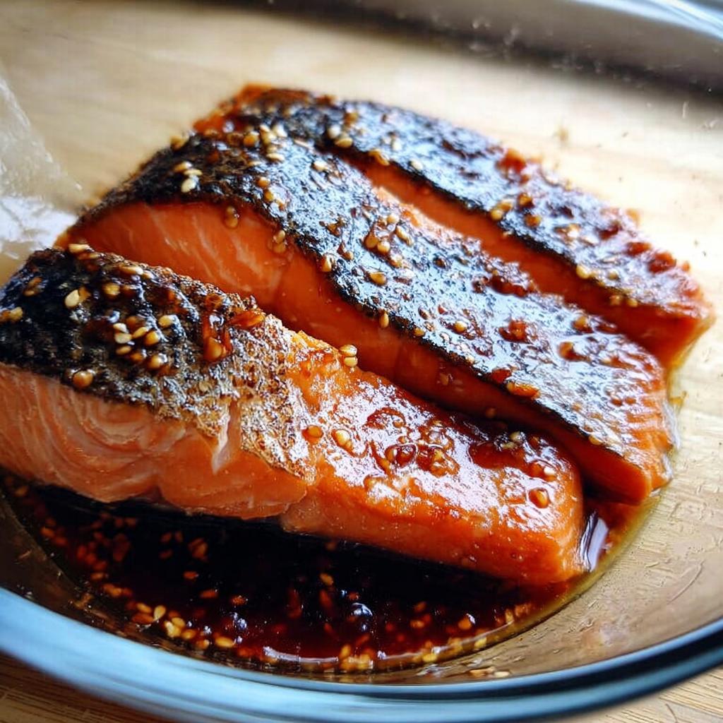 Three pieces of cooked Soy Ginger Salmon resting in a pool of dark, glossy marinade topped with sesame seeds.