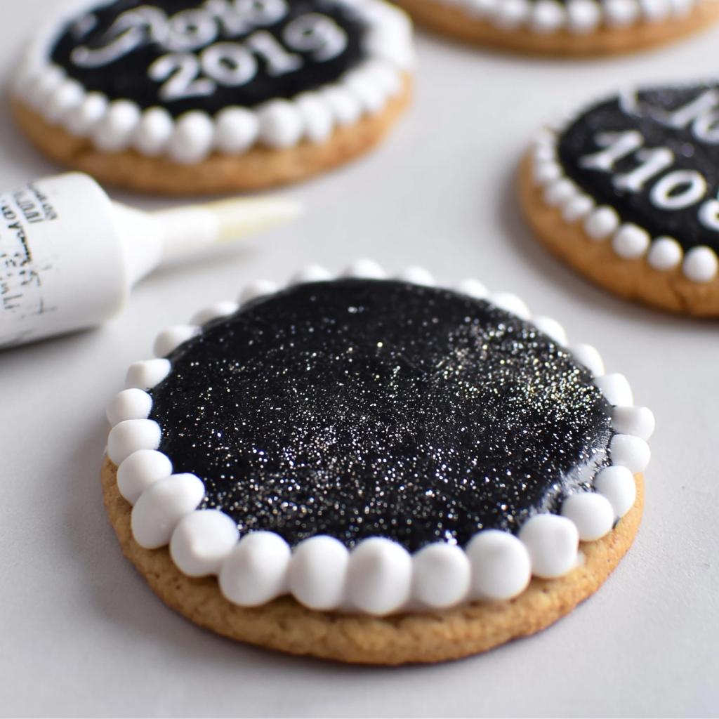 Close-up of a New Year’s Eve cookie with black sparkly icing and white piped border.