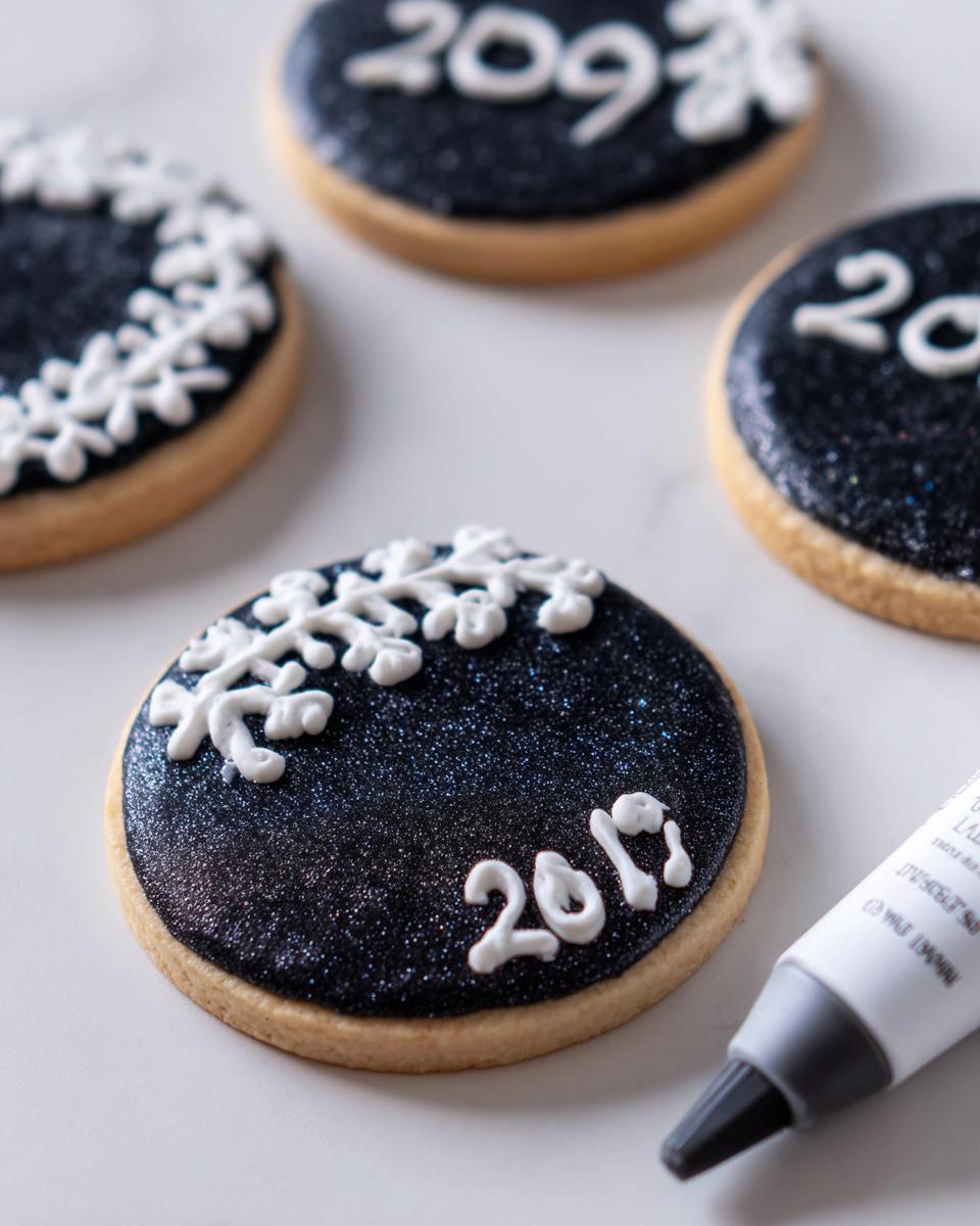 Close-up of sparkly black New Year’s Eve cookies being decorated with white icing to show the year '2019'.