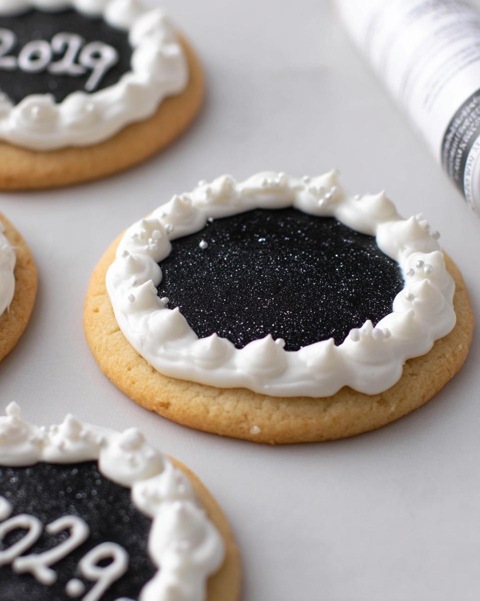 Close-up of a round sugar cookie decorated for New Year’s Eve with black glitter icing and white piped frosting border.
