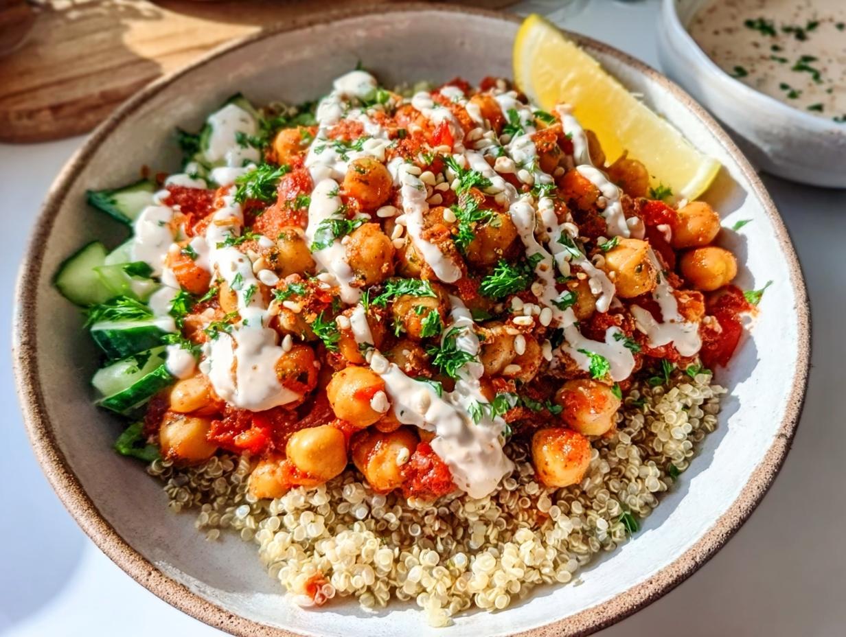 Close-up of a vibrant bowl featuring Spicy Chickpea Bowls served over quinoa, topped with sauce and fresh cucumber.