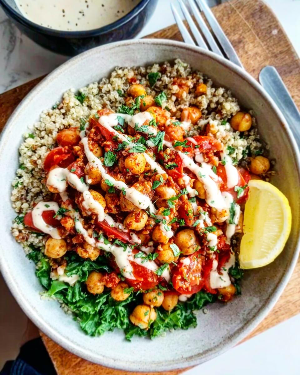 A vibrant bowl featuring Spicy Chickpea Bowls over kale, quinoa, topped with a creamy tahini drizzle and fresh herbs.