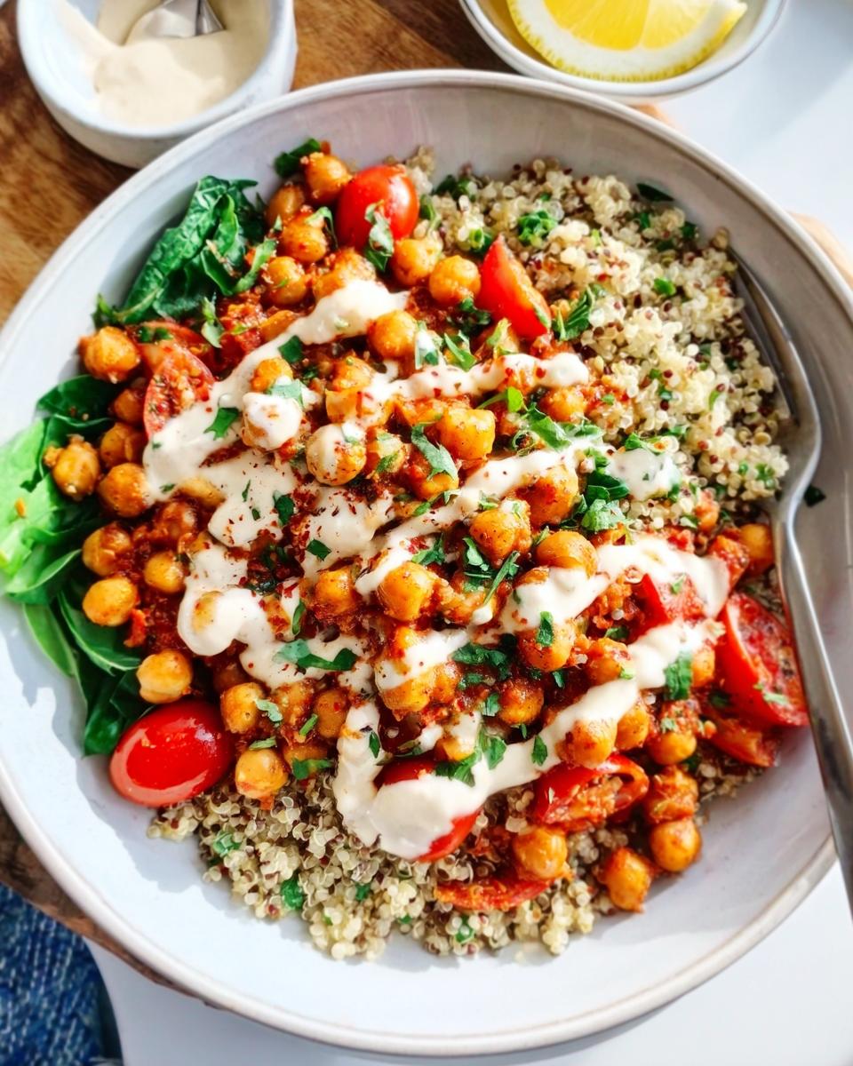 A close-up overhead view of a bowl filled with Spicy Chickpea Bowls ingredients: quinoa, saucy chickpeas, spinach, tomatoes, and a drizzle of tahini sauce.