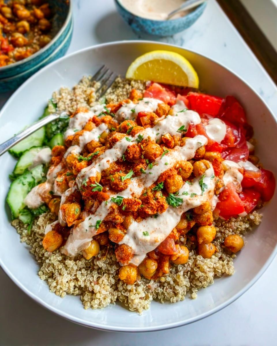 A bowl of Spicy Chickpea Bowls served over quinoa, topped with fresh tomatoes, cucumbers, and a creamy tahini sauce.