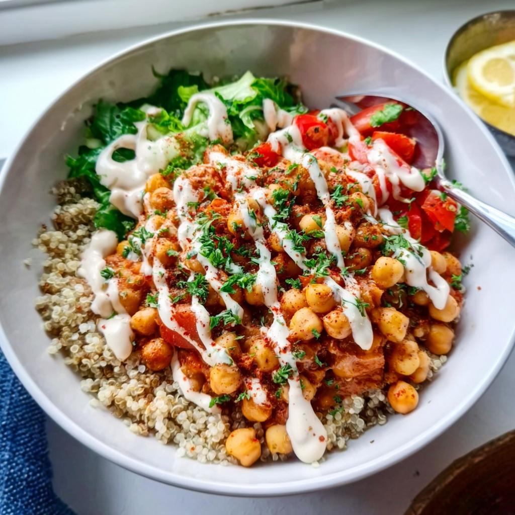 A vibrant bowl featuring Spicy Chickpea Bowls served over quinoa, topped with tahini drizzle and fresh parsley.
