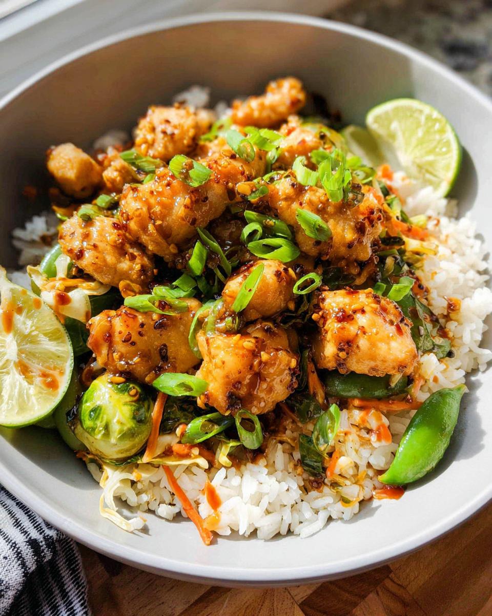 A bowl featuring spicy glazed chicken pieces over white rice with vegetables, garnished with scallions and lime wedges, perfect for healthy dinner ideas.
