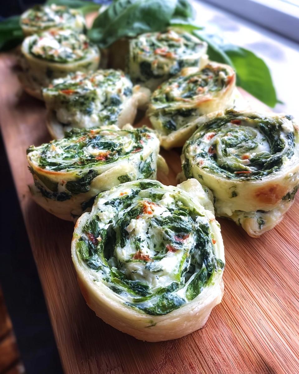 Close-up of several freshly baked Spinach Dip Pinwheels arranged on a wooden cutting board.