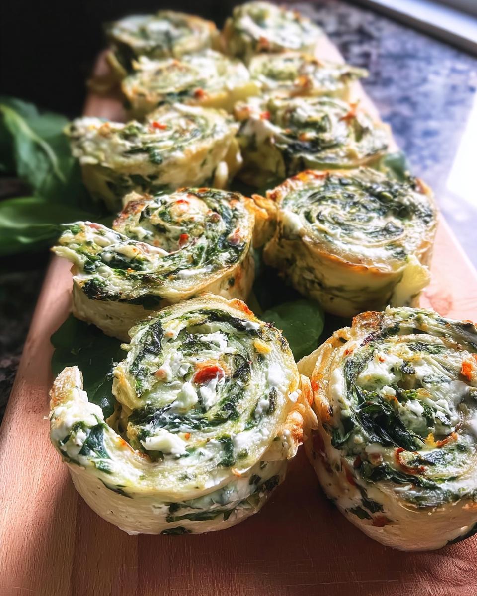 Close-up of freshly baked Spinach Dip Pinwheels showing the creamy spinach swirl filling on a wooden board.