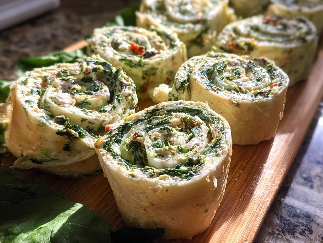 Close-up of several freshly cut Spinach Dip Pinwheels showing the creamy green spinach filling swirled inside a soft wrap.