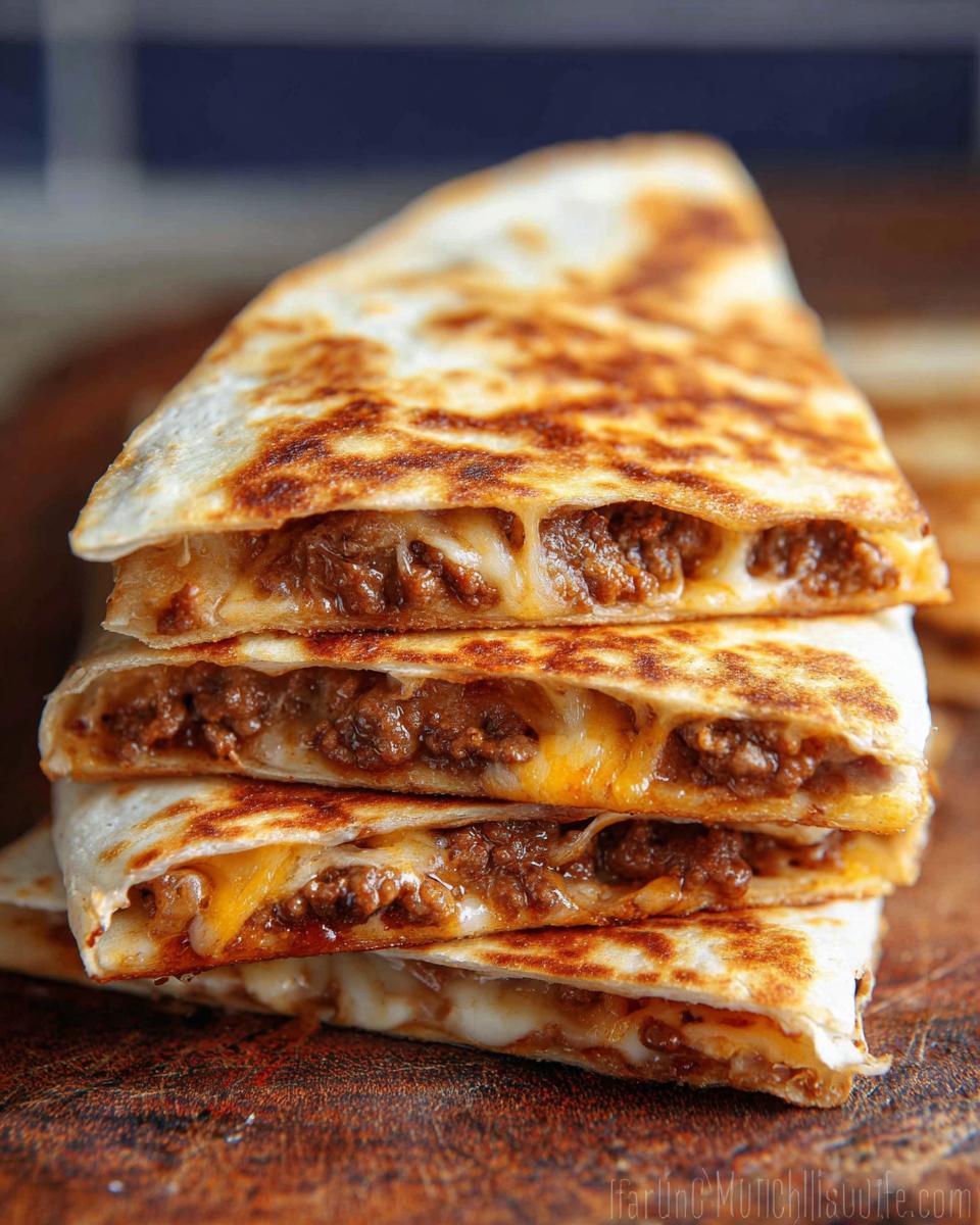 A delicious stack of four triangular Cheesy Beef Quesadillas showing melted cheese oozing out with seasoned ground beef filling.