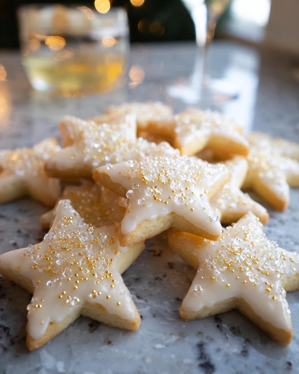 A pile of star-shaped Champagne Sugar Cookies topped with white glaze and gold sprinkles on a marble counter.