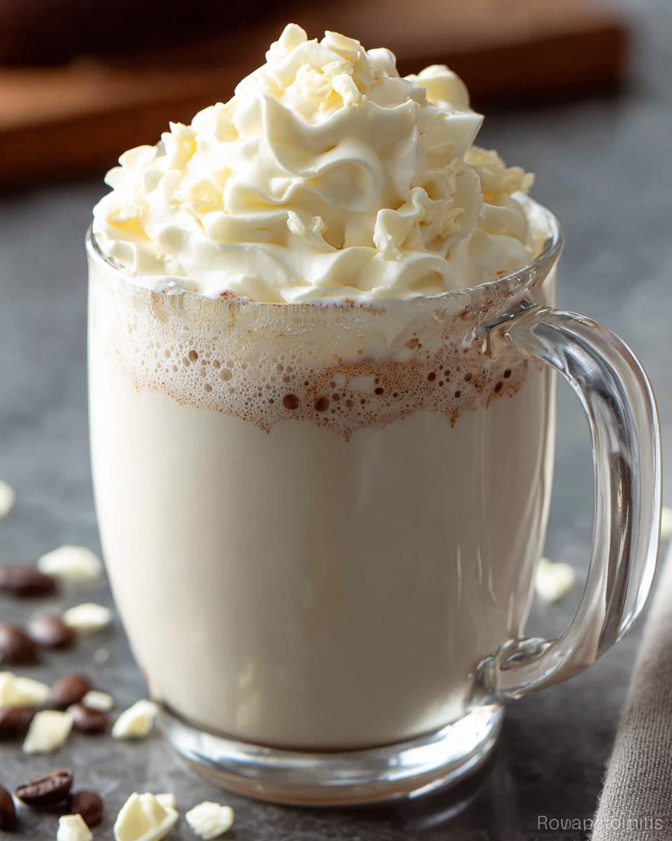 A tall glass mug filled with creamy Starbucks Style Hot Chocolate, topped with whipped cream and white chocolate shavings.