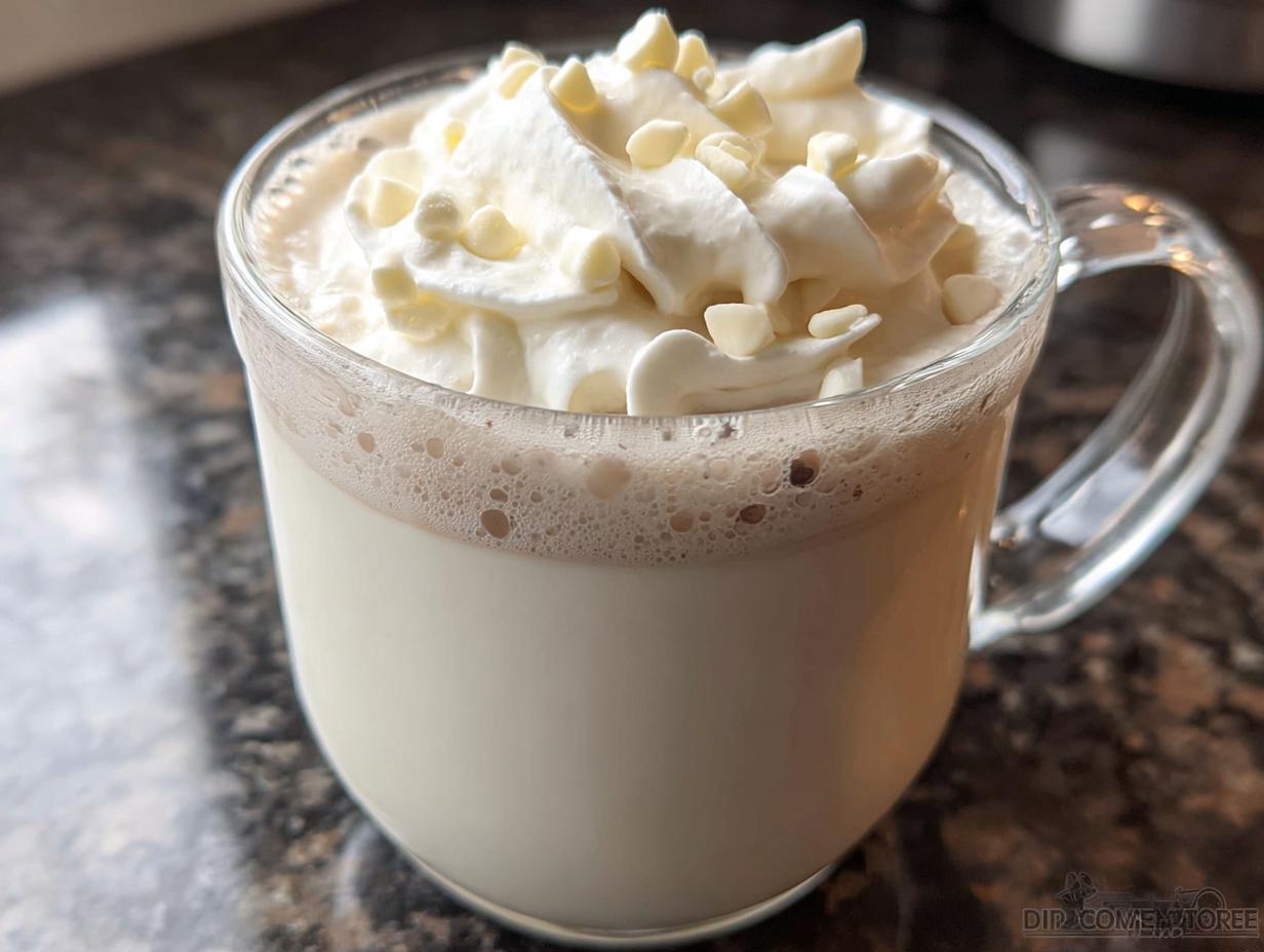 A close-up of a creamy Starbucks style hot chocolate topped with whipped cream and white chocolate chips.