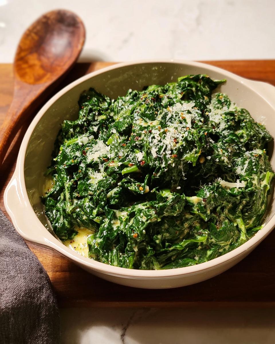 A creamy bowl of rich, dark green Creamed Spinach (Steakhouse Style) topped with grated Parmesan cheese.