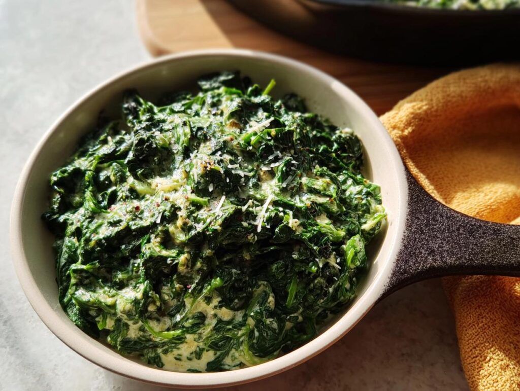 A close-up of rich, dark green Creamed Spinach (Steakhouse Style) topped with grated cheese in a light-colored bowl.