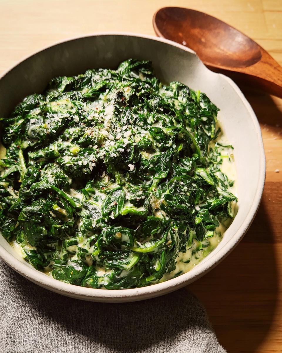 A bowl filled with rich, dark green Steakhouse Style Creamed Spinach, topped with grated cheese.