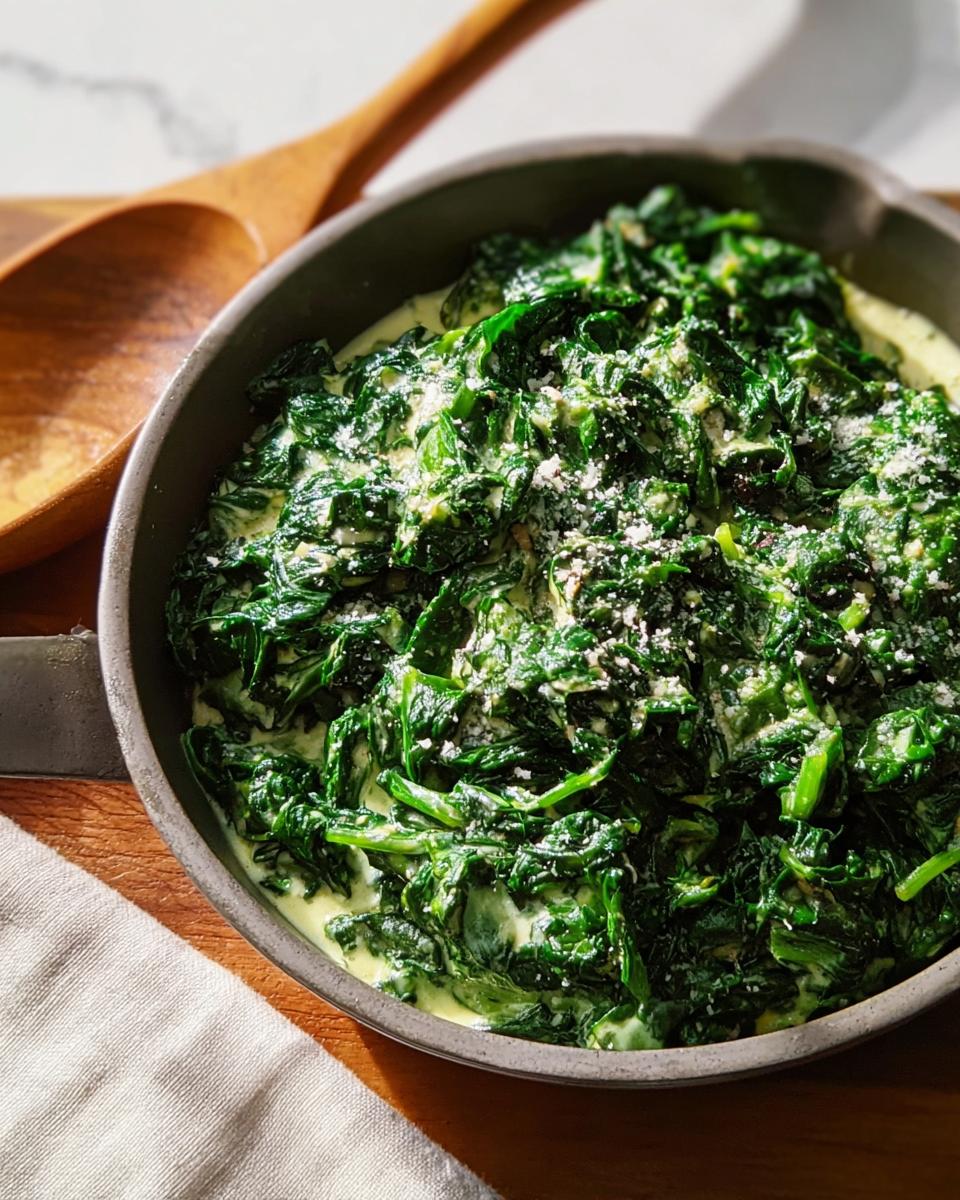 Close-up of rich, dark green Creamed Spinach (Steakhouse Style) served hot in a dark skillet, topped with grated cheese.