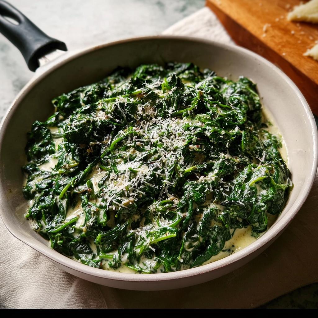 A close-up view of rich, dark green Creamed Spinach (Steakhouse Style) topped with grated Parmesan cheese, served in a light-colored skillet.