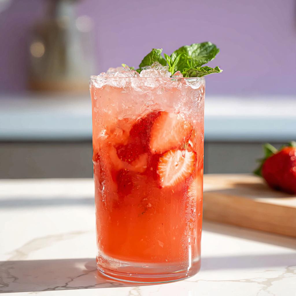 Close-up of a tall glass filled with the Strawberry Açaí Refresher Copycat, packed with ice and fresh strawberry slices, topped with mint.