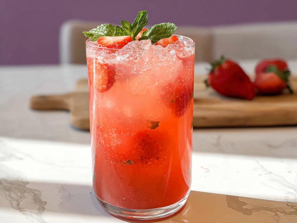 A tall glass filled with a bright pink Strawberry Açaí Refresher Copycat, garnished with fresh mint and strawberry slices.