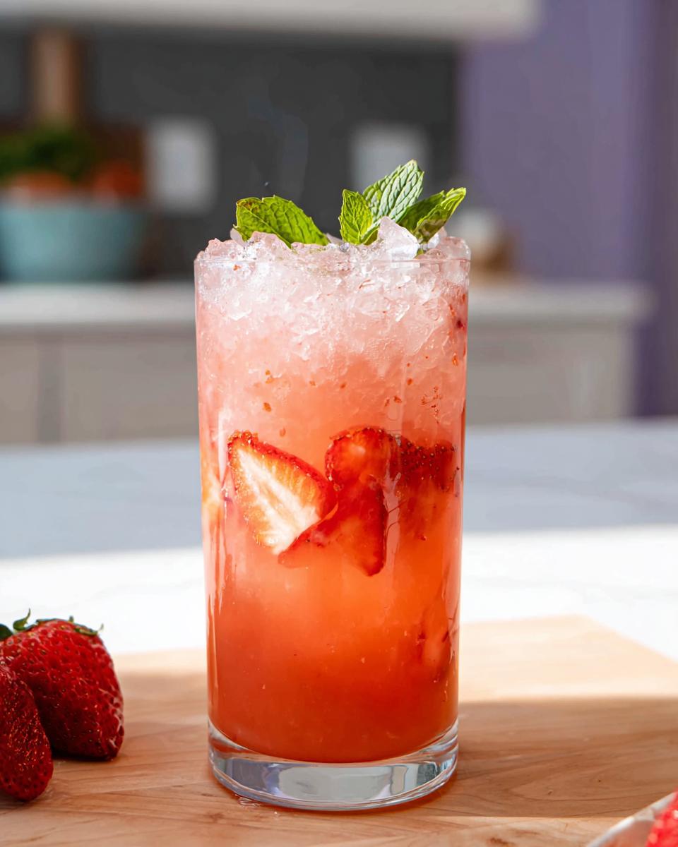 A tall glass filled with a pink Strawberry Açaí Refresher Copycat, topped with crushed ice, mint, and strawberry slices.