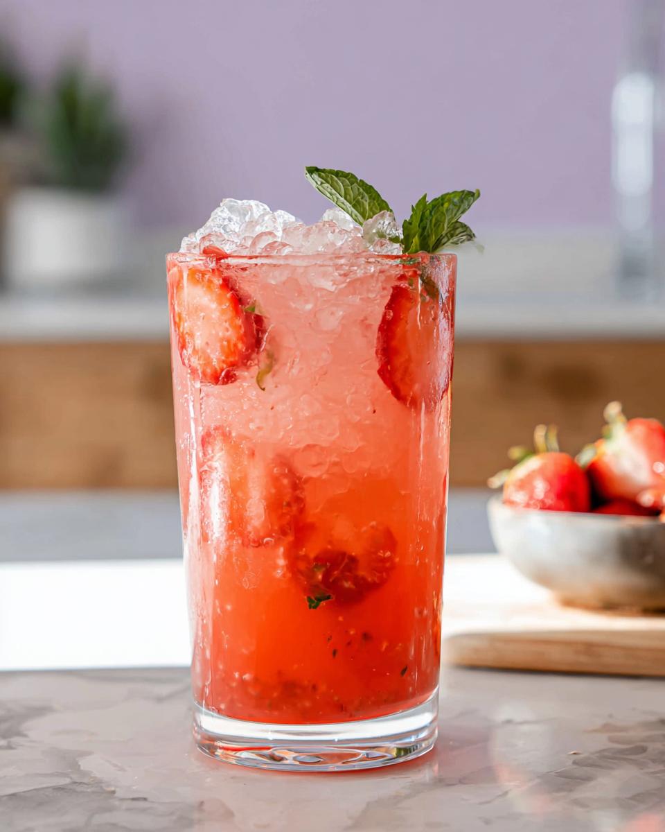 A tall glass filled with a bright red Strawberry Açaí Refresher Copycat, packed with crushed ice and strawberry slices, garnished with mint.
